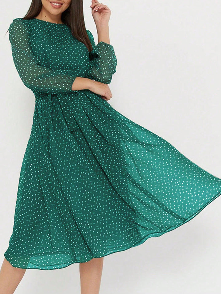 Green Printed High Neck Midi Dress