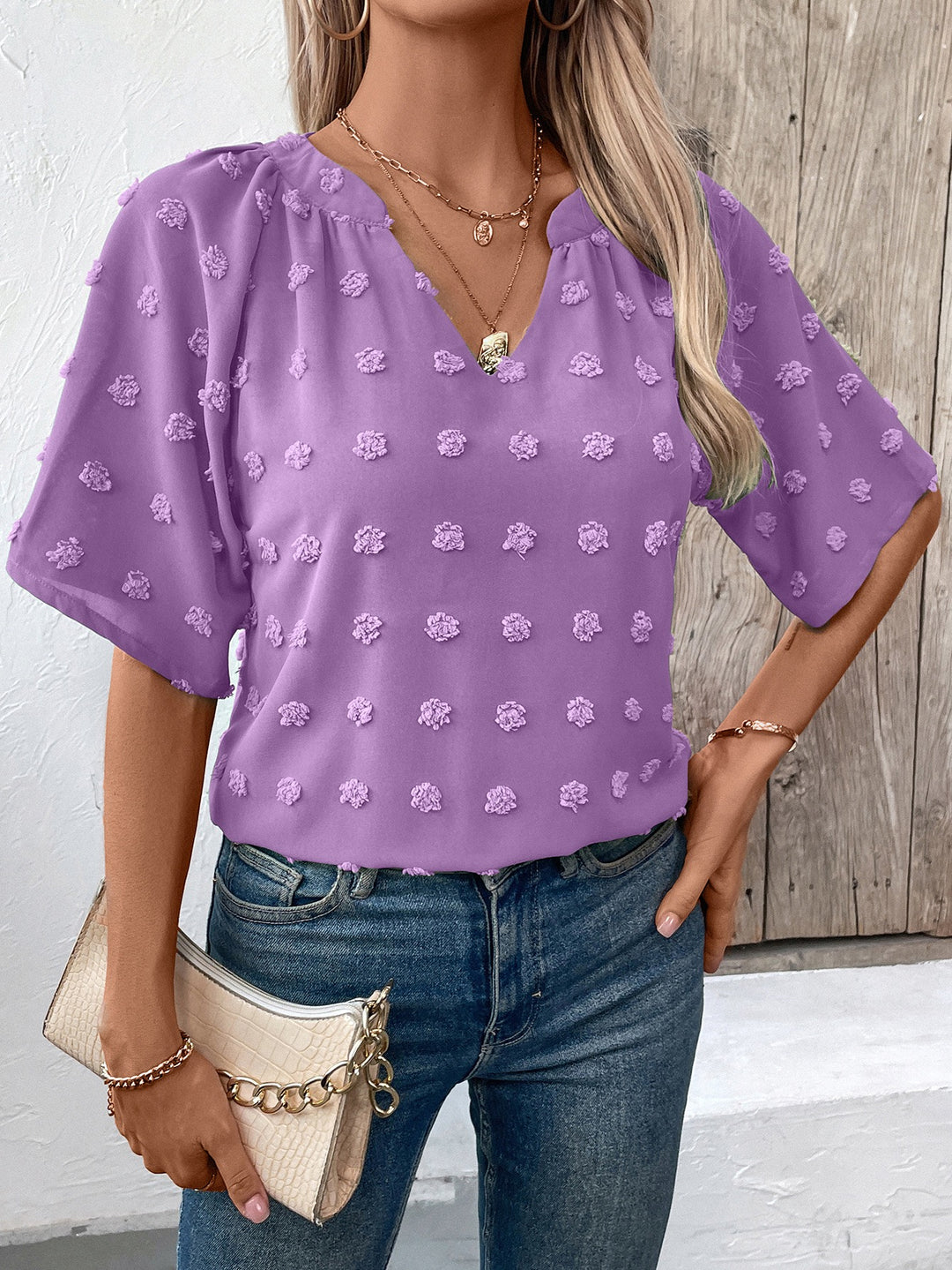 Purple V- Neck Short Sleeve Top