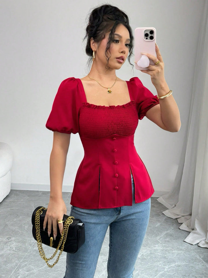 Red Puff Sleeve Square Neck Slit Top