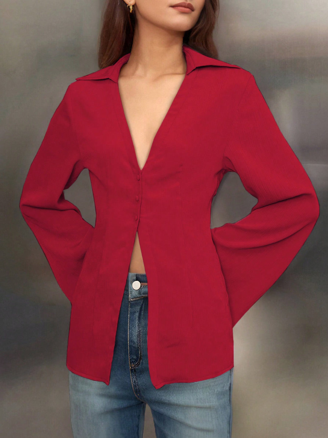 Red V-Neck Long Sleeve Shirt
