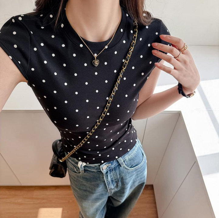 Black Polka Dot Crew Neck T-Shirt
