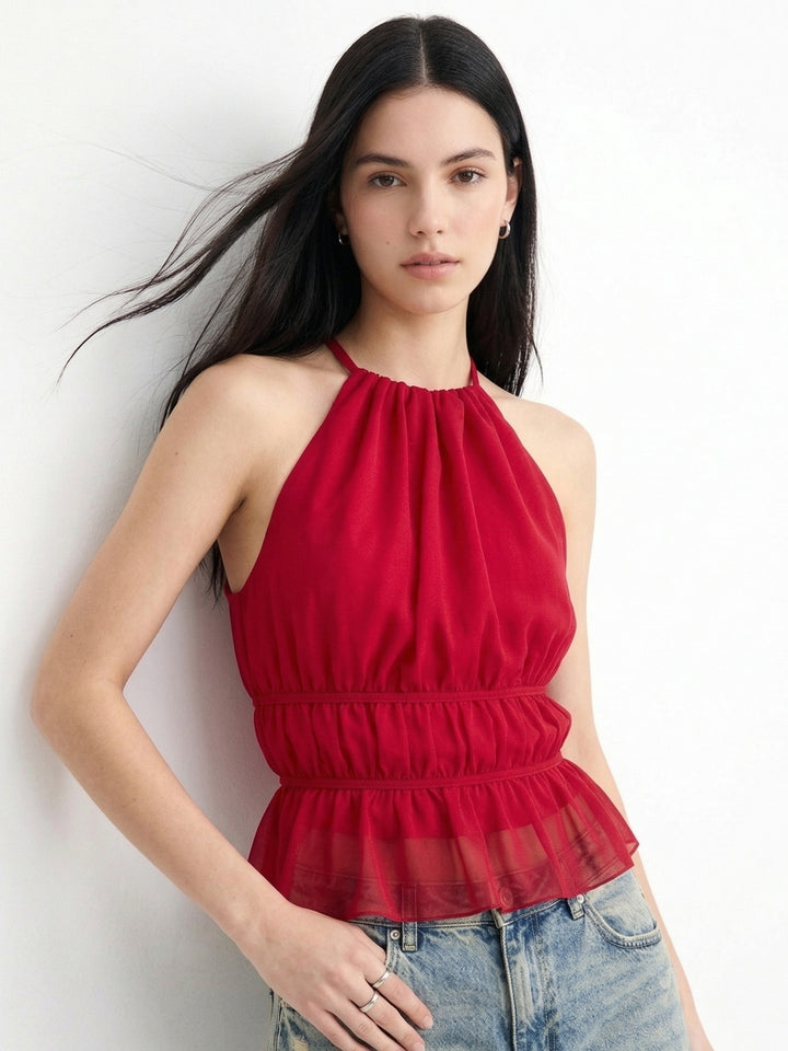 Red Halter Neck Back Tie-Up Top