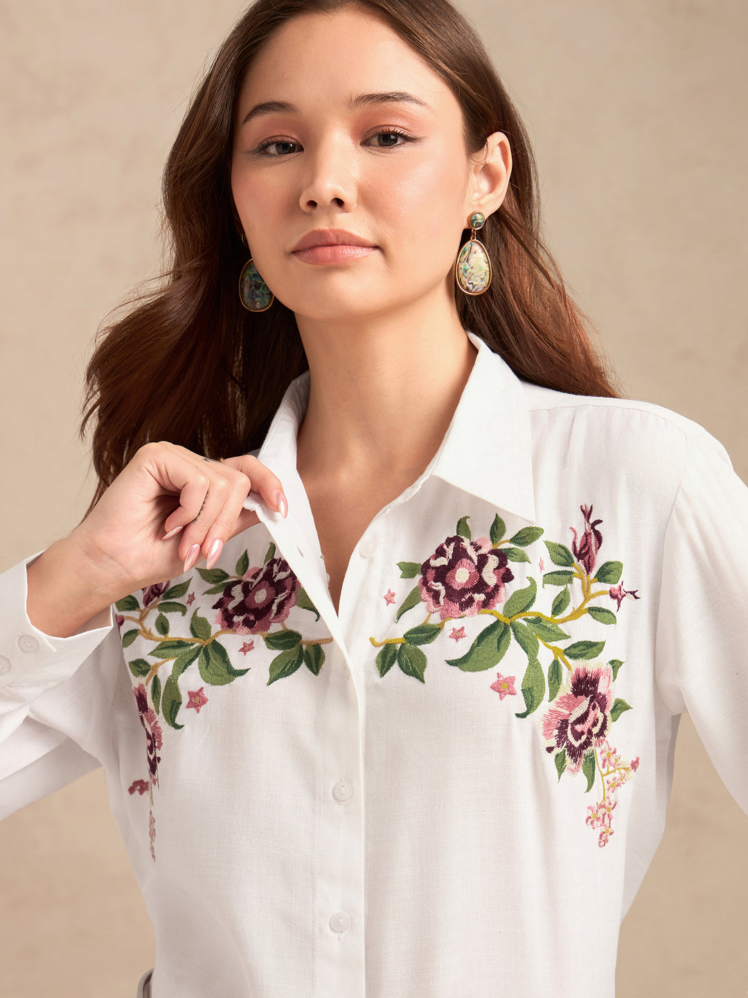 Off White Boxy Shirt With Embroidery Detail