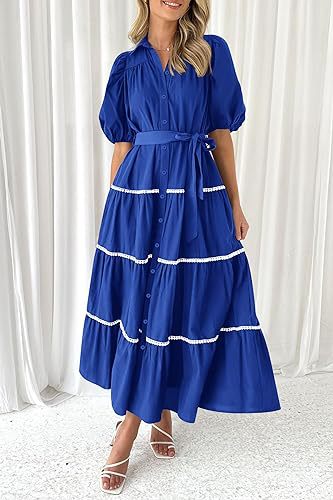 Navy Blue Button Down Puff Sleeved Shirt Dress