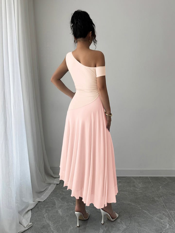Pink One Shoulder Sleeveless Pleated Dress