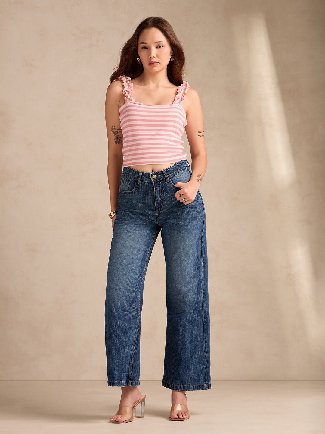 Pink Striped Rib Tank Top With Ruffle Straps