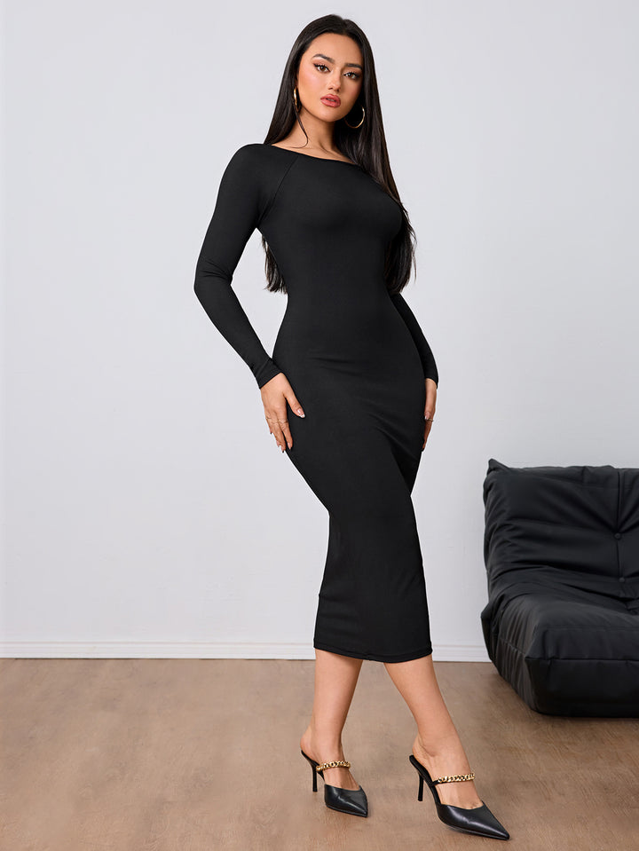 Black Full Sleeve Round Neck Back Detail Dress