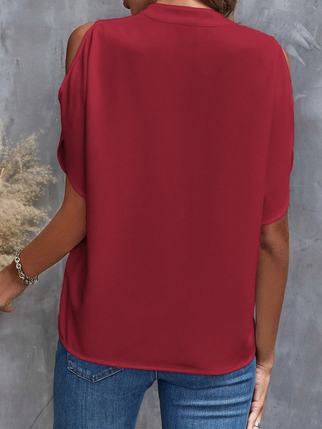 Red Mandarin Collar Cold Shoulder Top