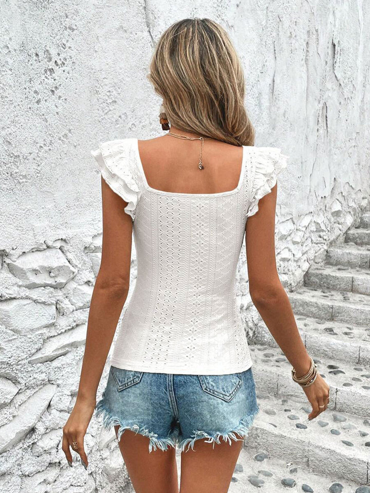 White Textured Knit Ruffle Sleeve Top