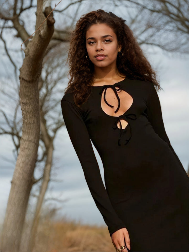 Black Full Sleeve Neck Tie-Up Dress