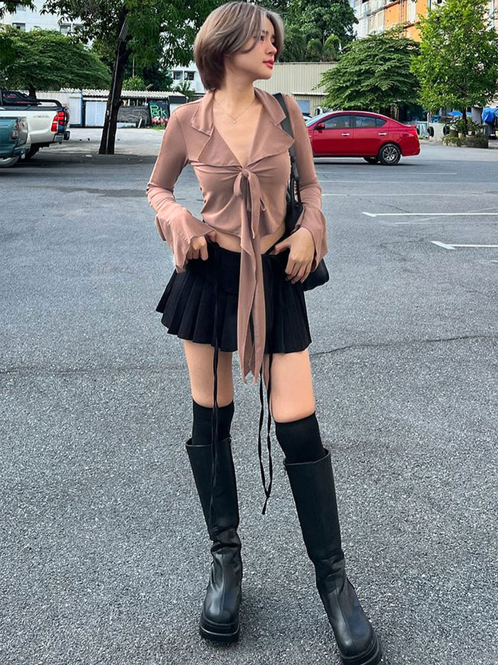 Brown Ruffle Neck With Front Tie Up Top
