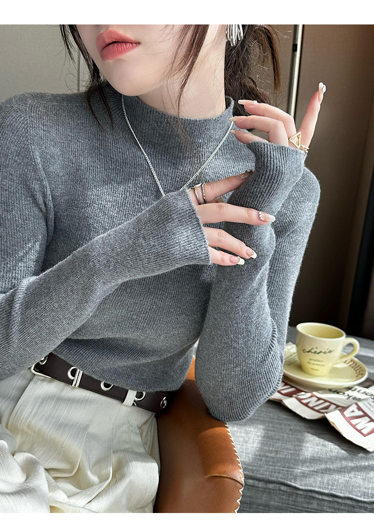 Grey Full Sleeve Mock Neck Fitted Sweater
