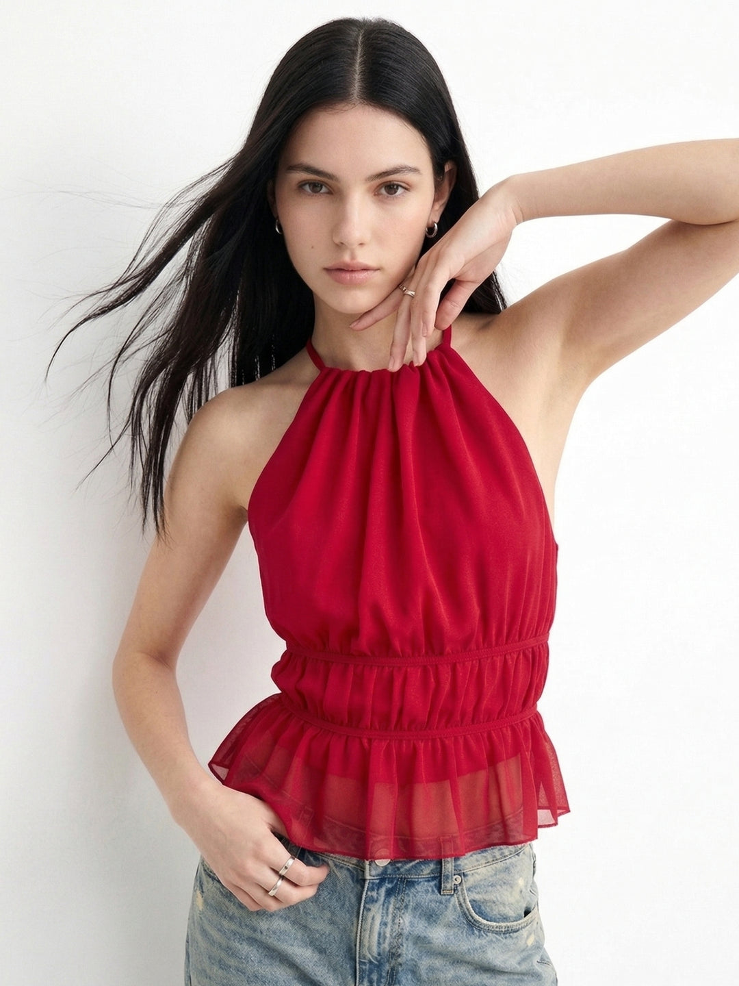 Red Halter Neck Back Tie-Up Top