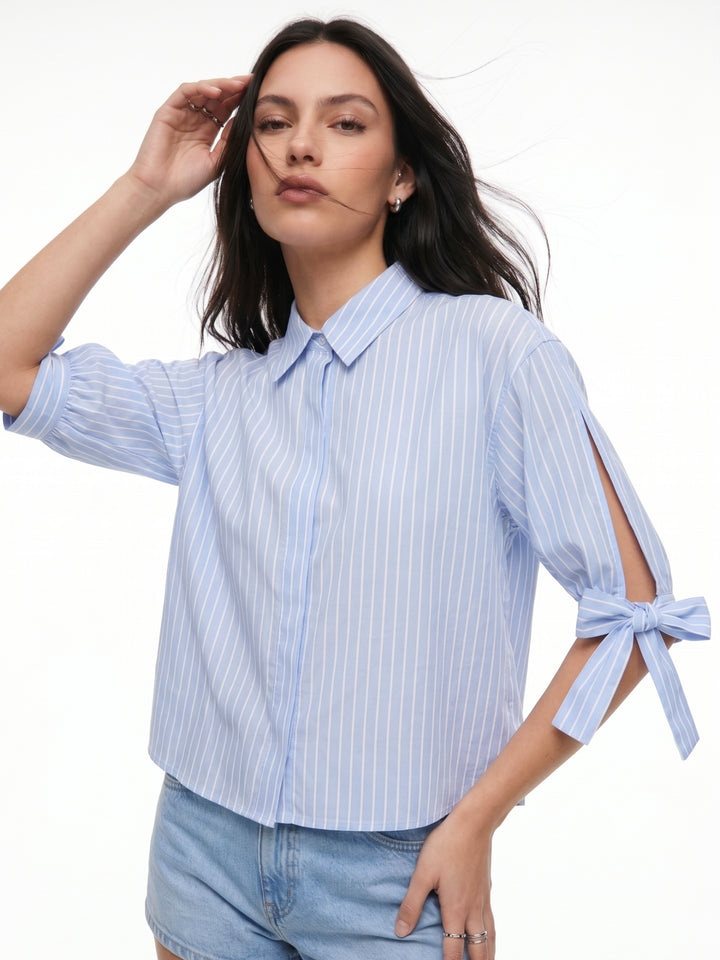 Blue Sleeve Tie-Up Front Buttoned Shirt