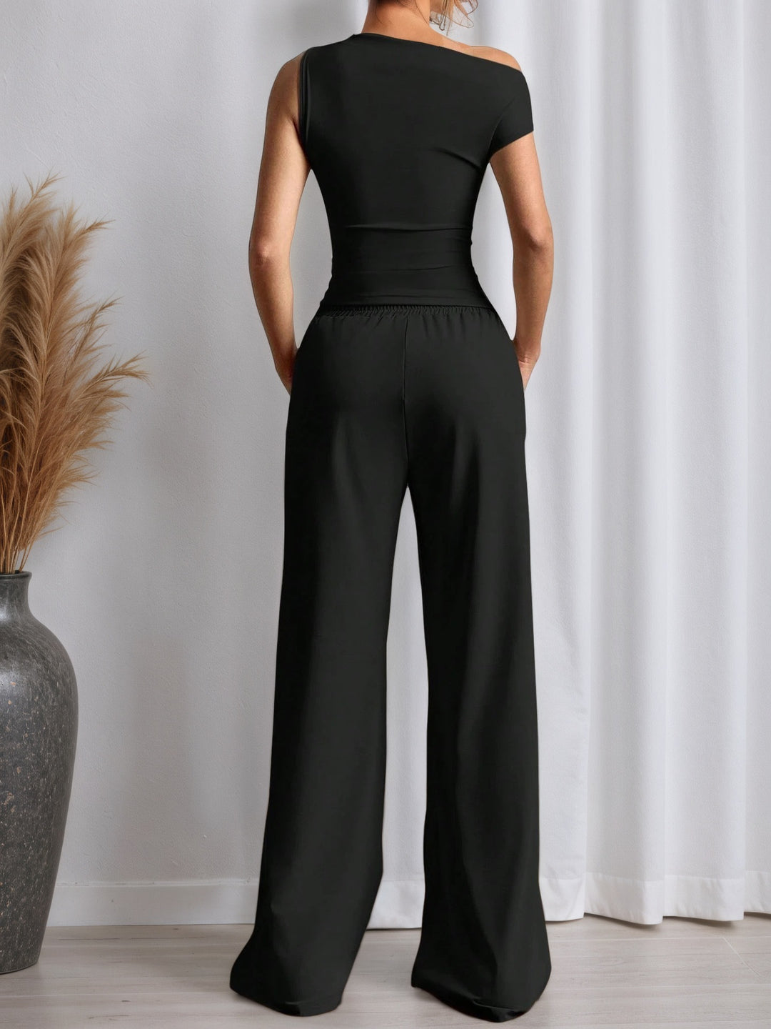 Black One Shoulder Sleeve Asymmetrical Top And Pant Set