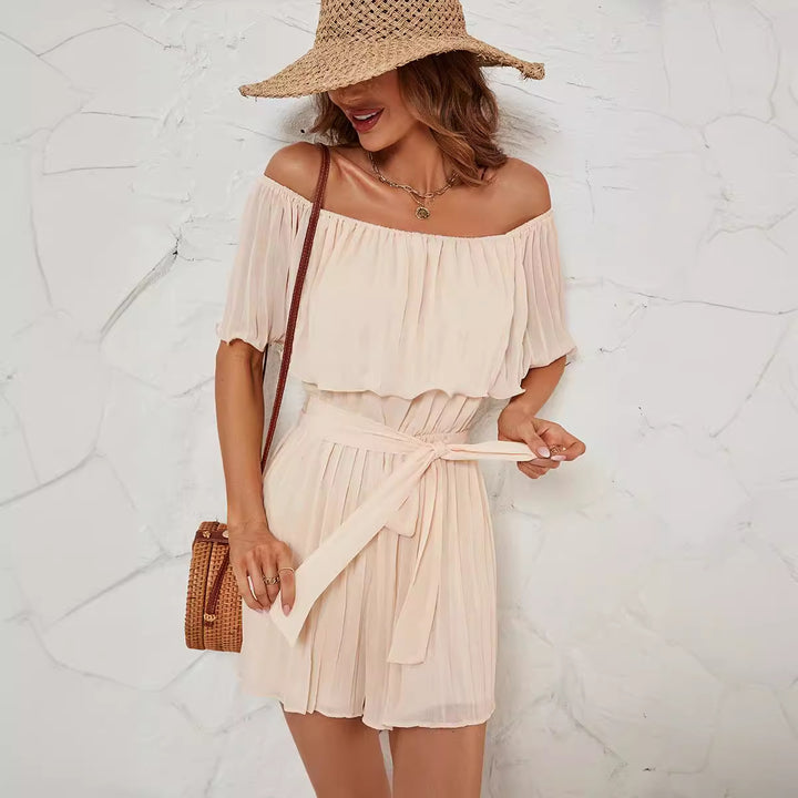 Cream Off-Shoulder Pleated Dress
