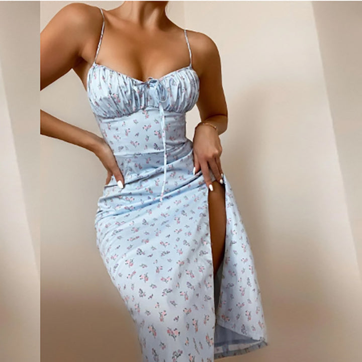 Blue Bust Gathering With High Slit Midi Dress