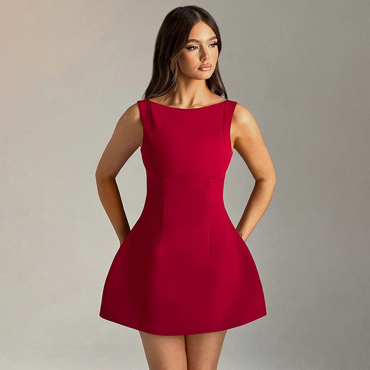 Red  Low Back Skater Dress With Princess Dart