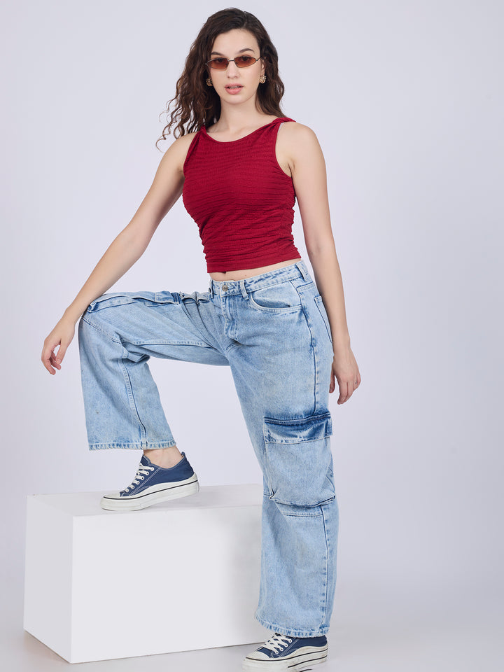 Maroon Textured Knit Halter Neck Tank Top
