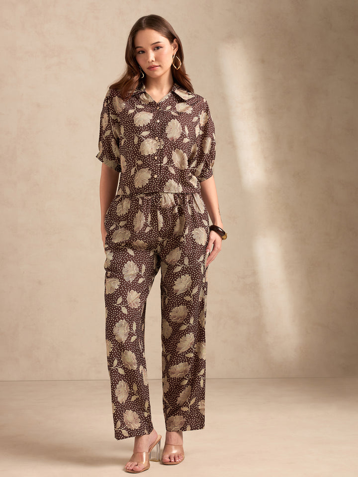 Brown All Over Printed Co-Ord Set With Puff Sleeves