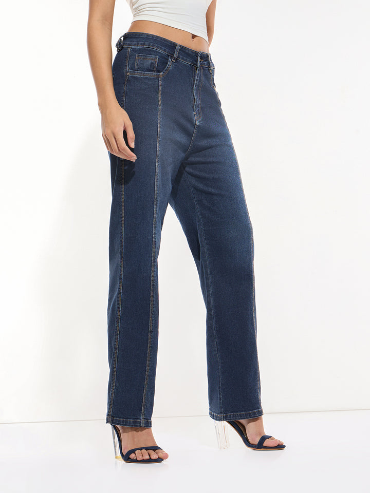 Blue Straight Fit Jeans With Front Seam