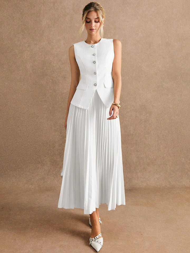 White Sleeveless Fitted Vest & Pleated Skirt Set