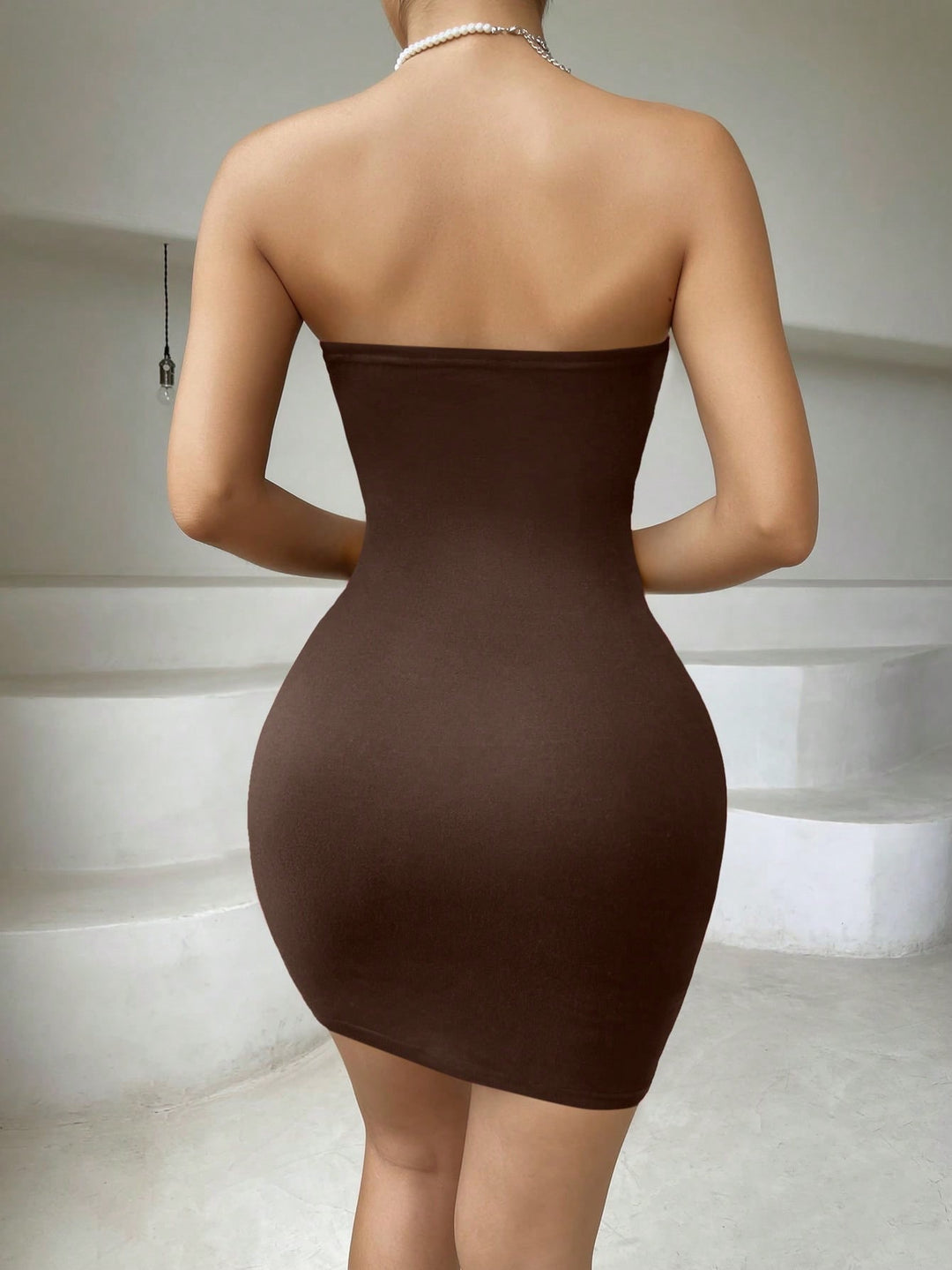 Brown Strapless Cut-Out Detail Dress