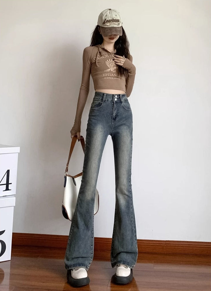 Blue Double Button Flared Jeans