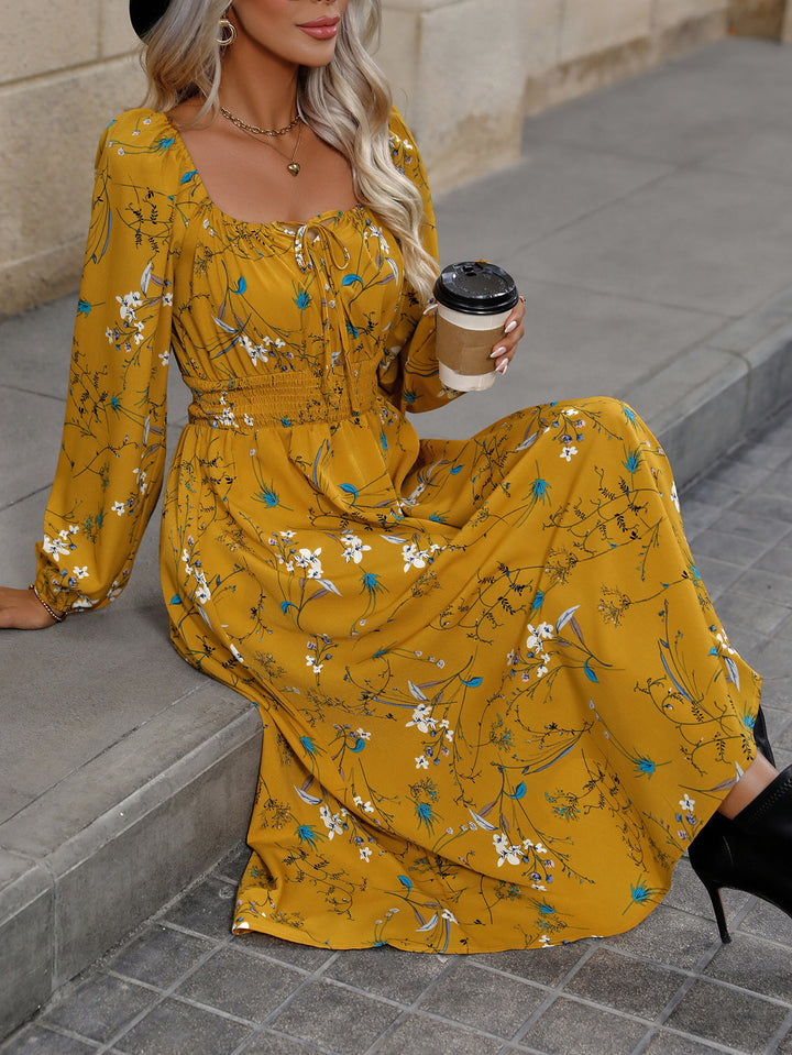 Mustard Bishop Sleeve Waist Elastic Dress
