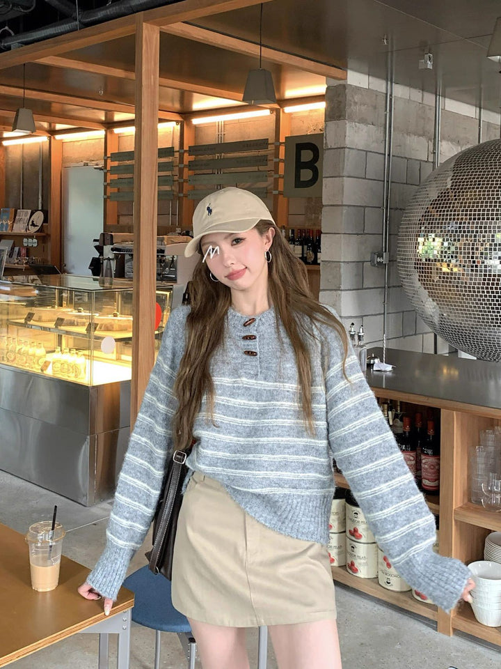 Grey Full Sleeve Striped Sweater