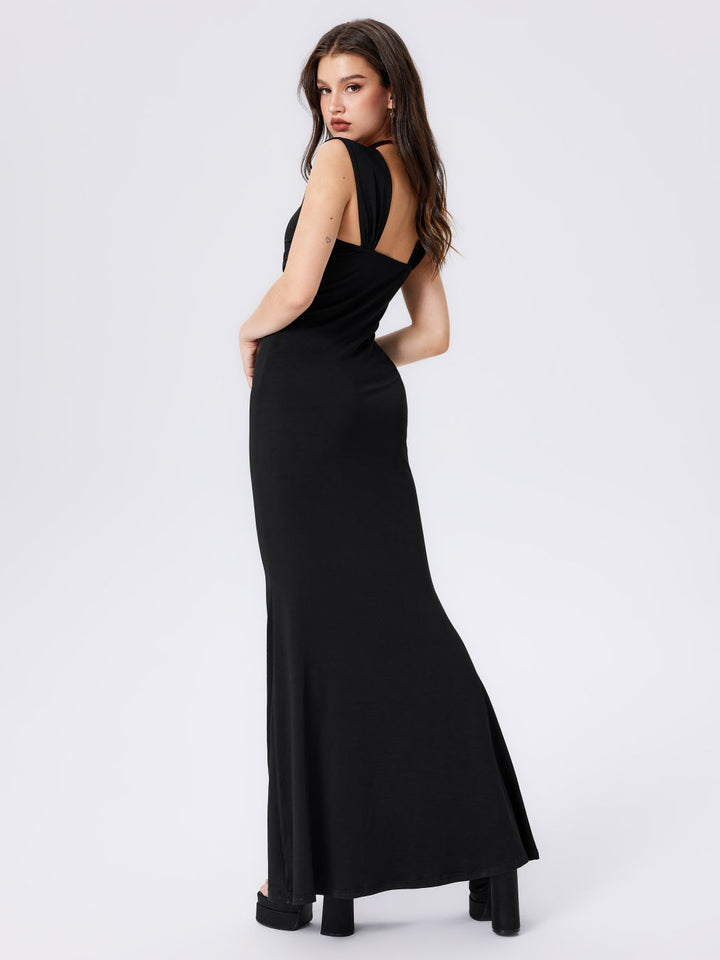 Black Broad Strap Scoop Neckline Dress