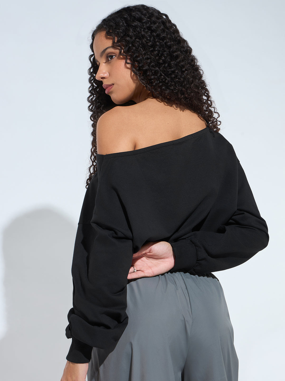 Black V Neck Cropped Sweatshirt
