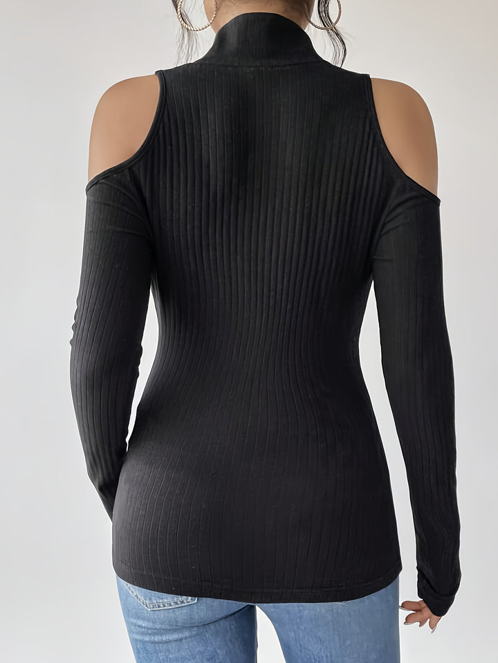 Black Cold Shoulder Front Zip Top