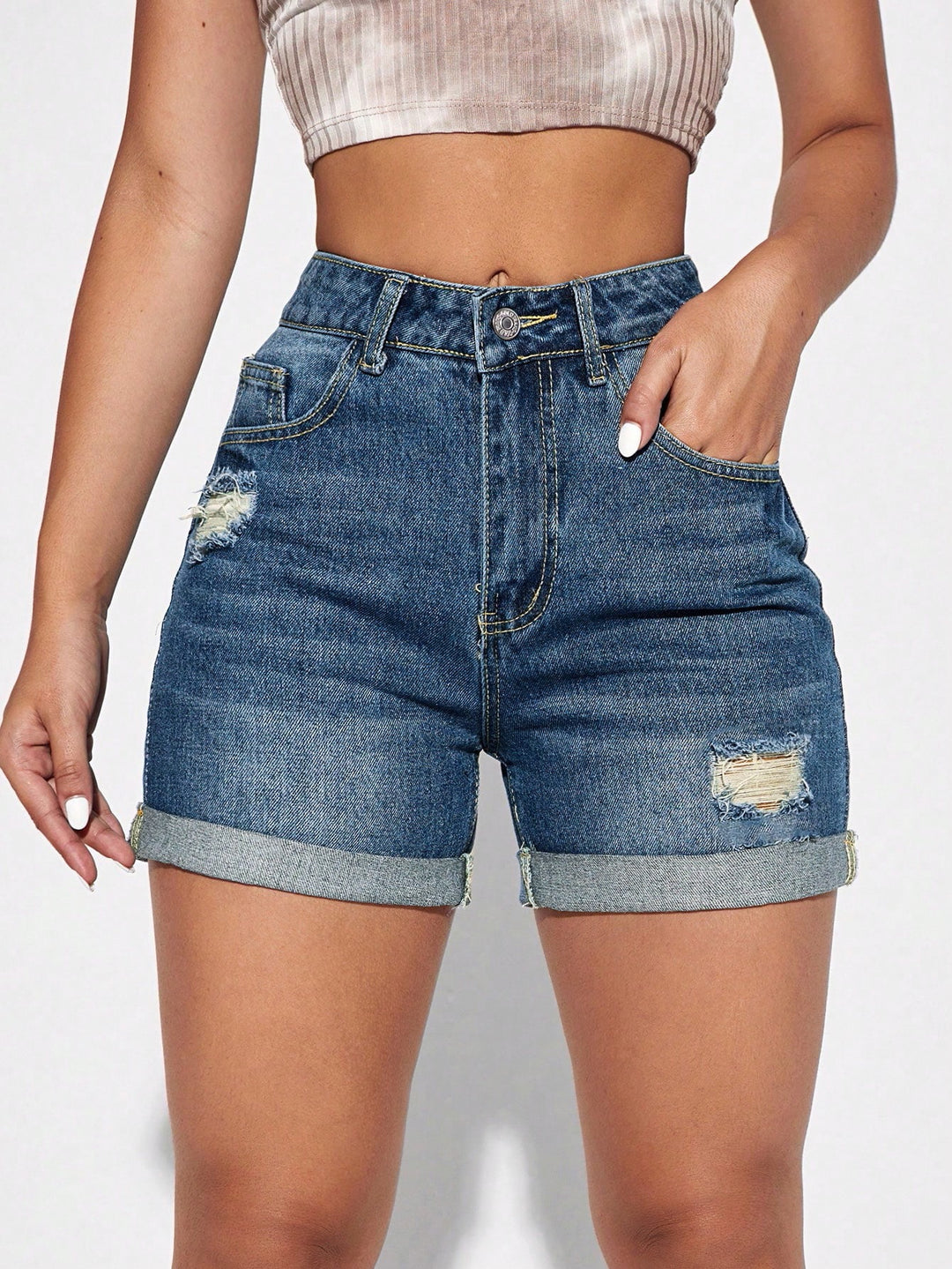 Blue Distressed And Folded Hem Denim Shorts