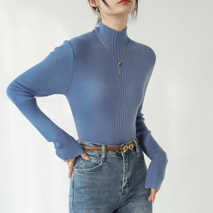 Blue Full Sleeve Mock Neck Fitted Sweater