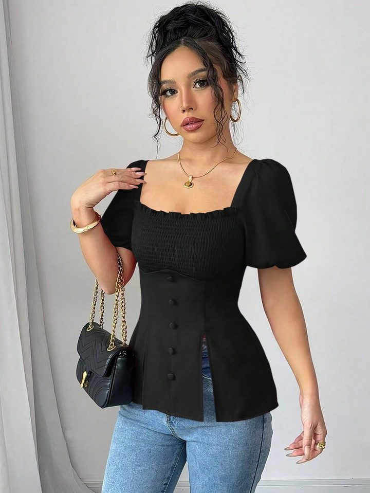 Black Puff Sleeve Square Neck Slit Top