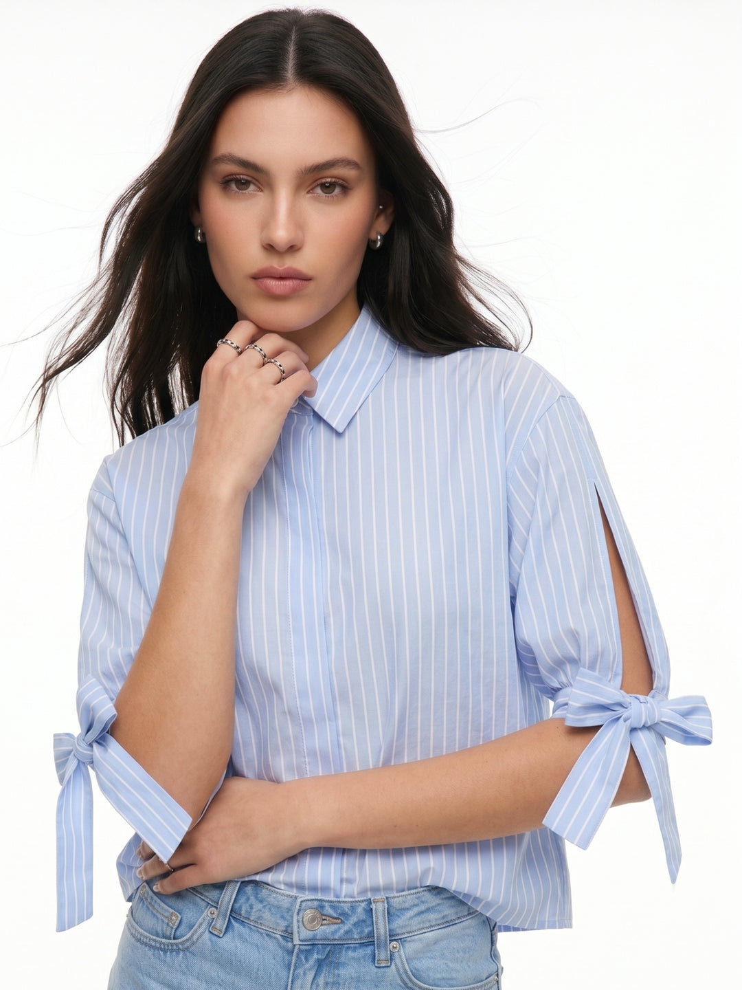 Blue Sleeve Tie-Up Front Buttoned Shirt