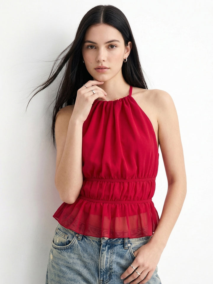 Red Halter Neck Back Tie-Up Top