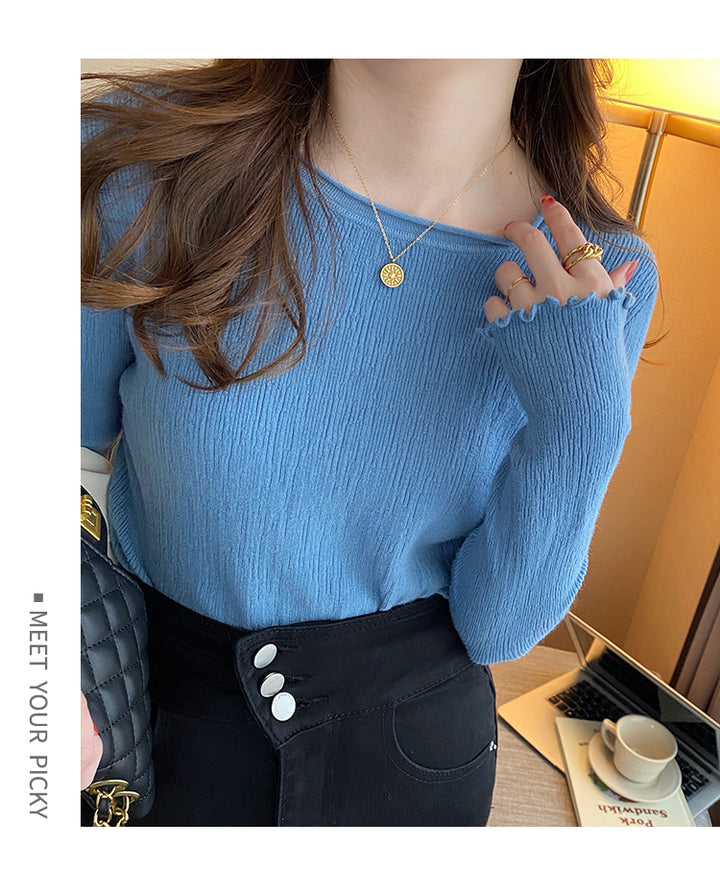 Blue Full Sleeve Scallop Hem Mock Neck Fitted Top