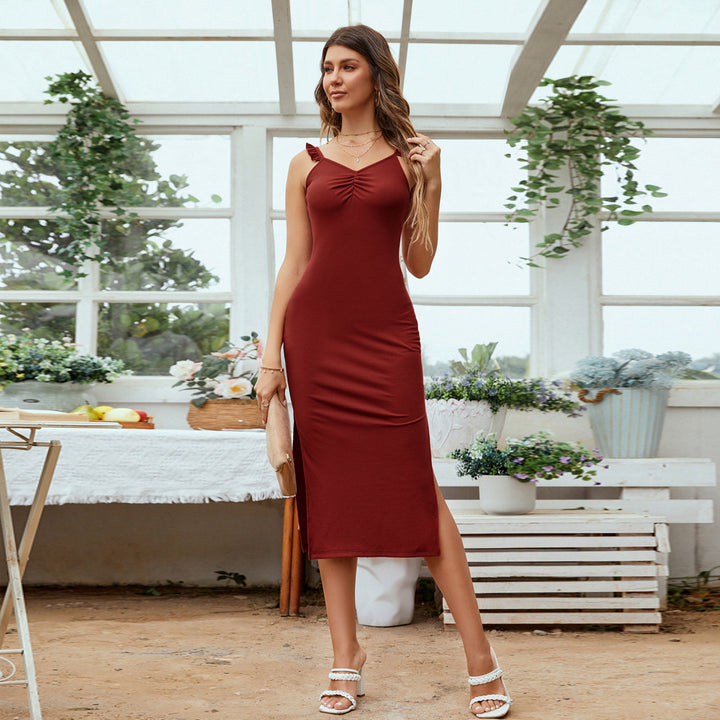 Maroon V-Neck Slit Bodycon Dress