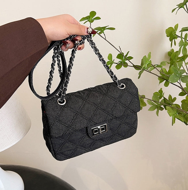 Black Quilted Denim Chain Flap Bag