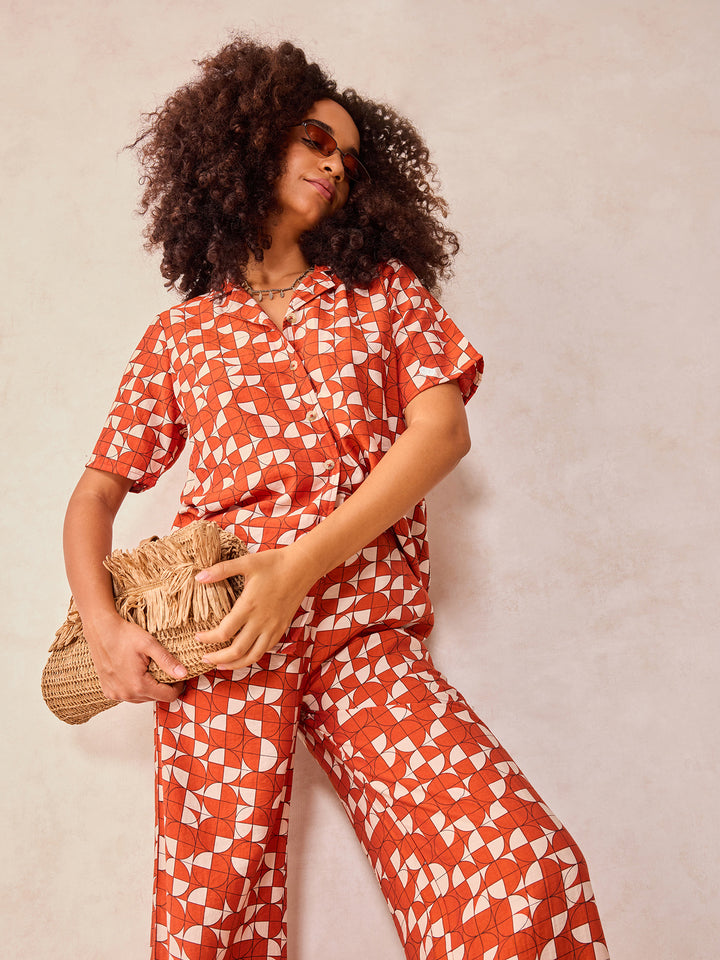 Rust Abstract Print Top And Pants Co Ord Set