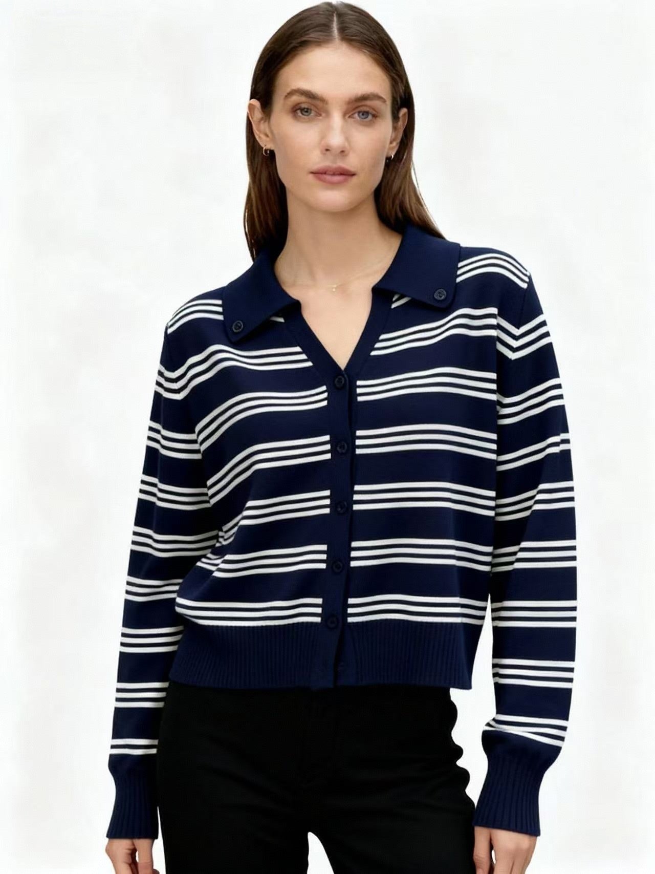 Black Full Sleeve Striped Collared Cardigan