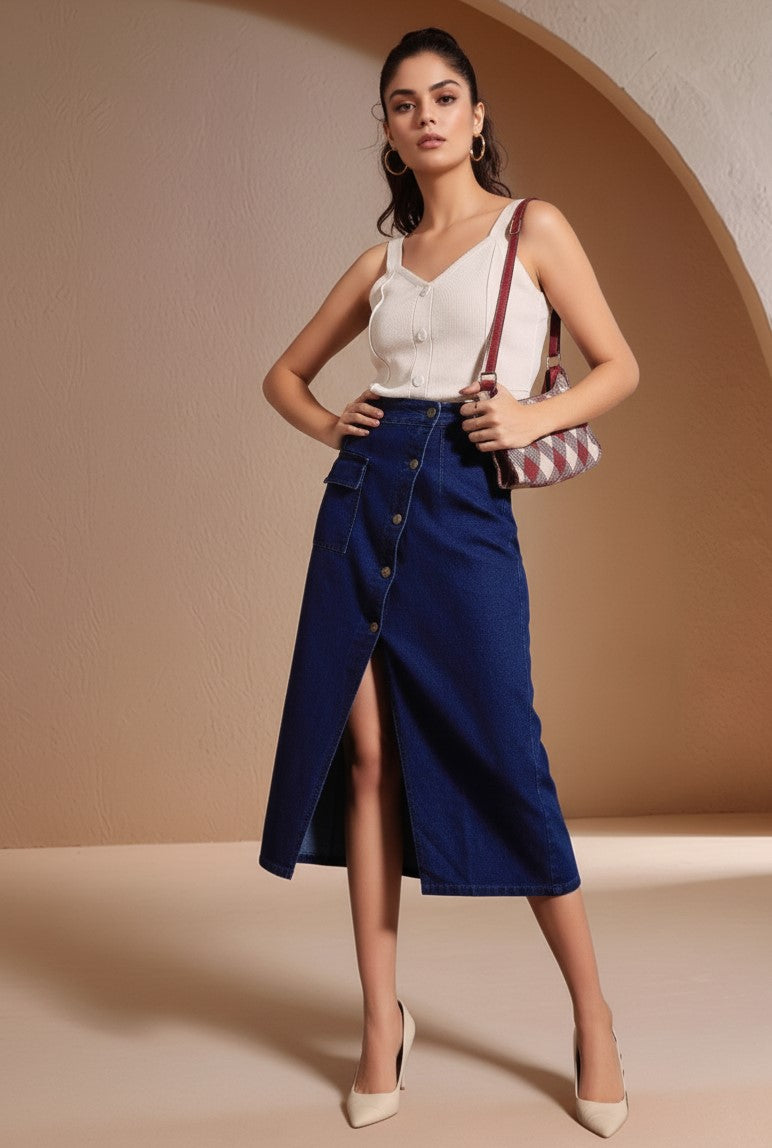 Blue High Waist Front Slit Denim Skirt