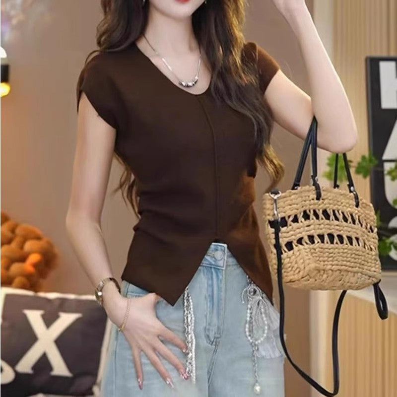 Brown V Neck Front Hem Slit Fitted Top