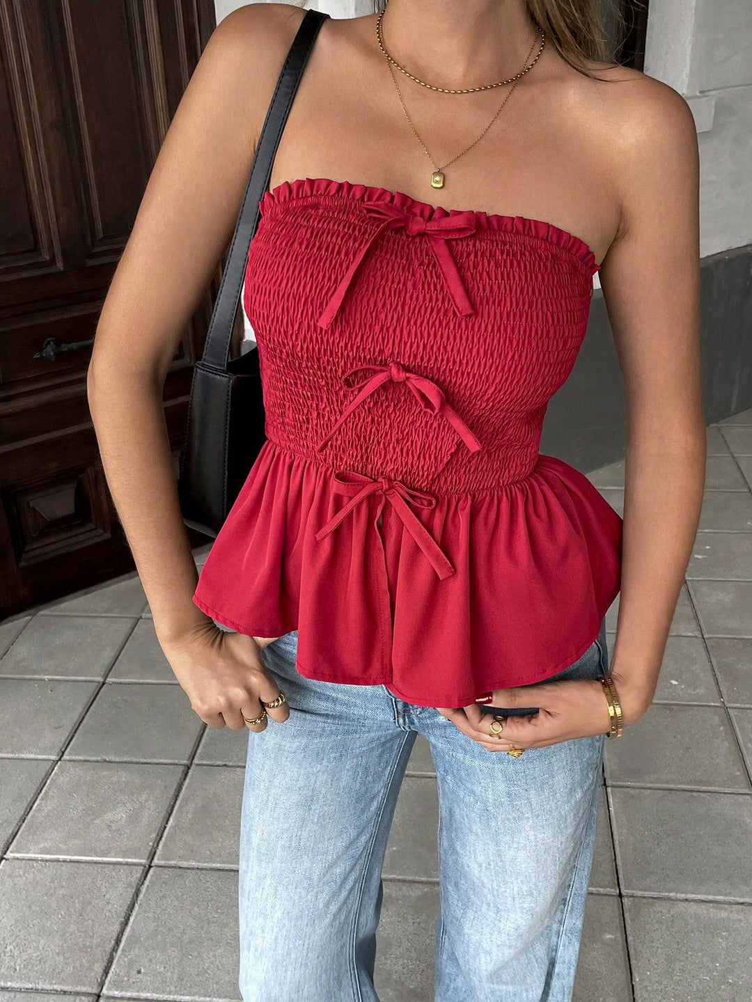 Red Strapless Smocked Top