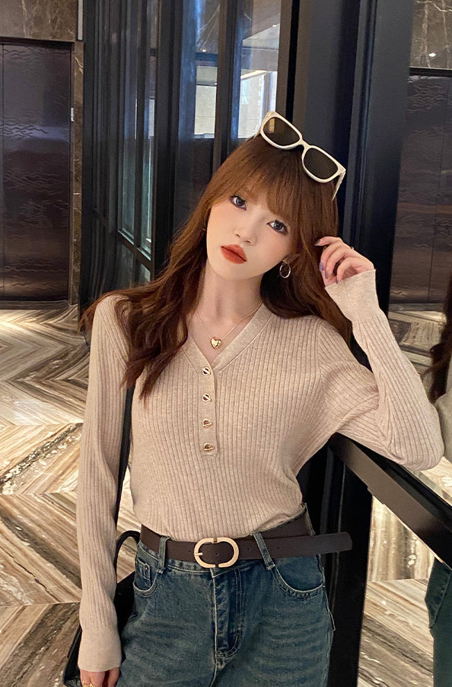 Mustard Full Sleeve V Neck Buttoned Fitted Top