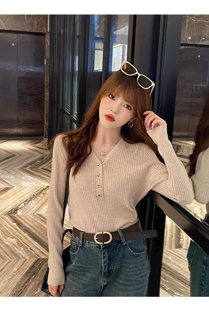 Beige Full Sleeve V Neck Buttoned Fitted Top