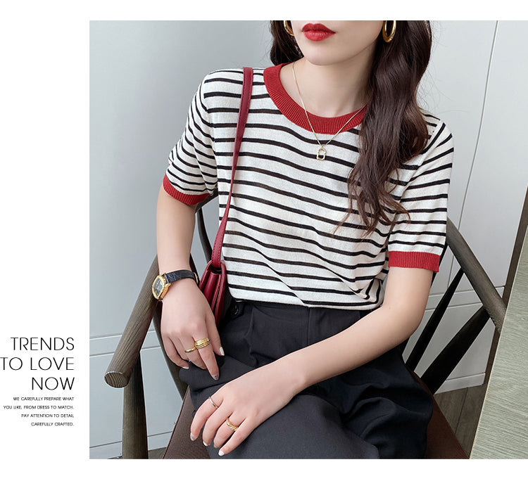 Black Contrast Hem Striped Top