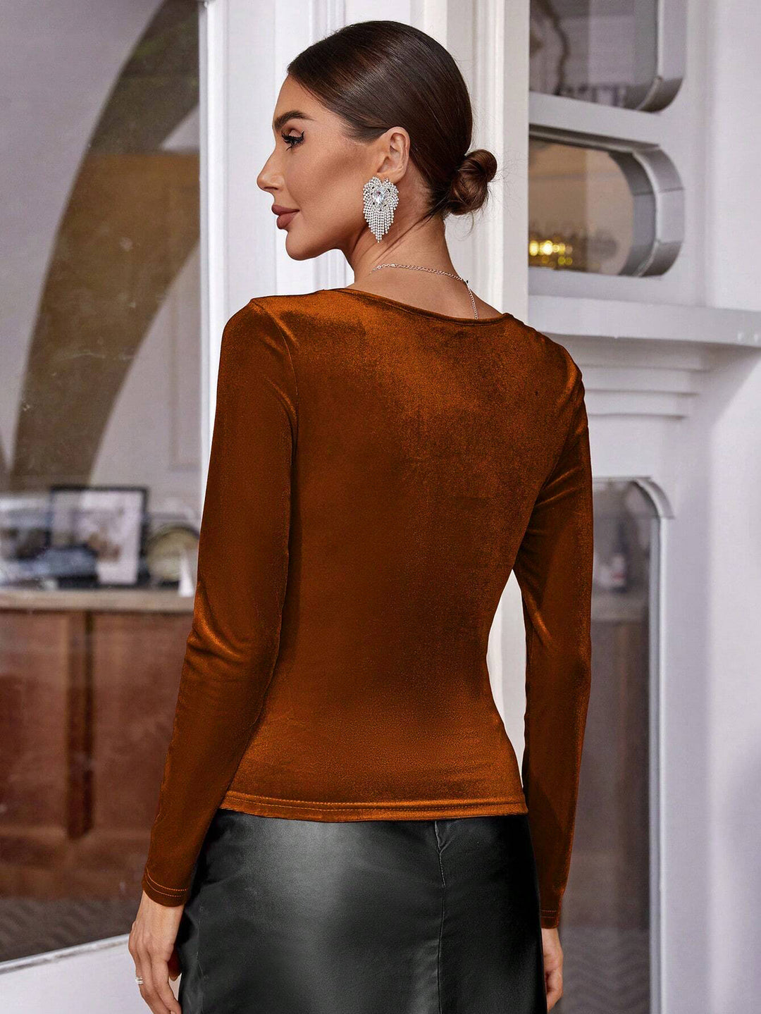 Brown Sweetheart Neckline Velour Top